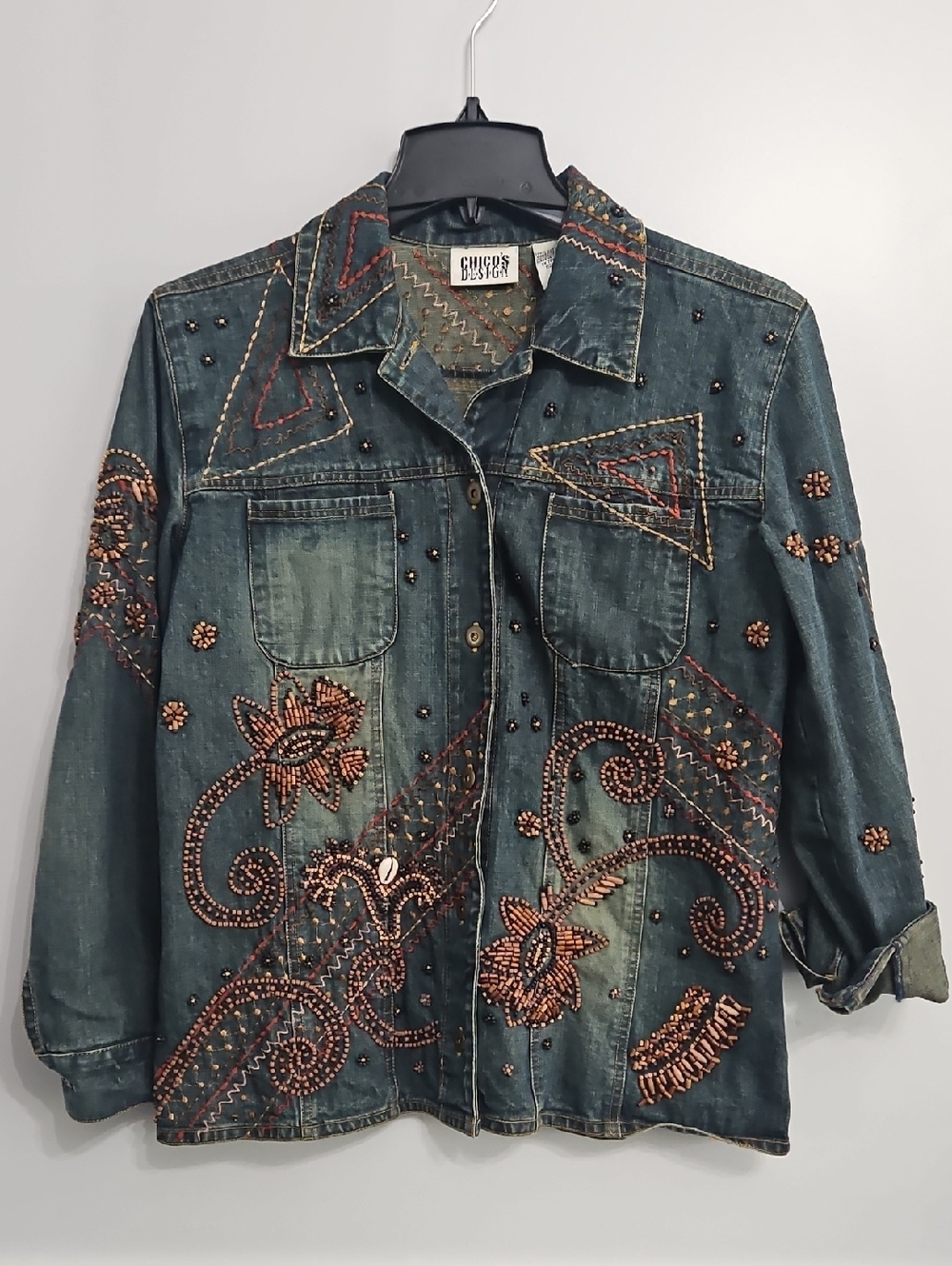 Stylish & Unique Chico's Dark Blue Embellished Denim Jacket with Beaded Accents